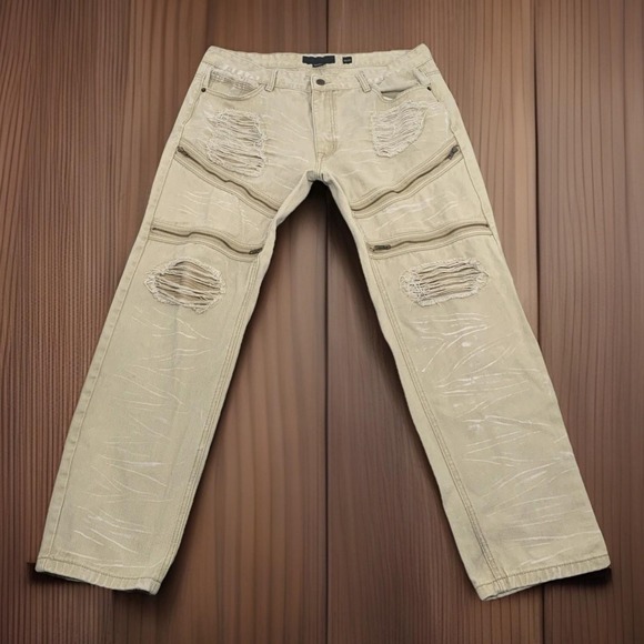 Decibel Mens Heavy Tan Washed Jeans 40 x 32 Fits (38x32) Zip Pockets Punk Grunge - Picture 9 of 11